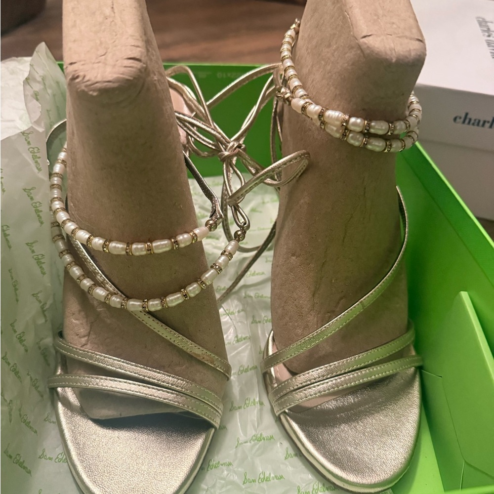 Sam Edelman Gold Strappy Heels with Pearl Details - Picture 3 of 7